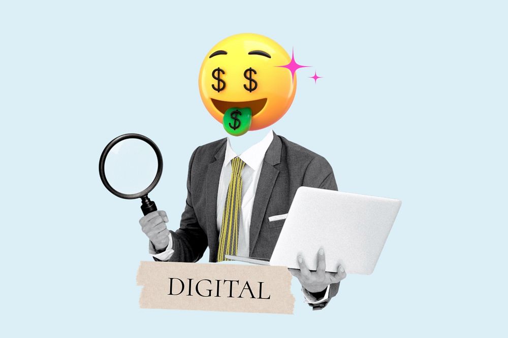 Digital word, money emoticon head businessman remix, customizable design