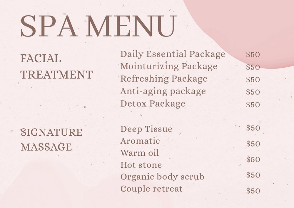 Spa menu template, editable design