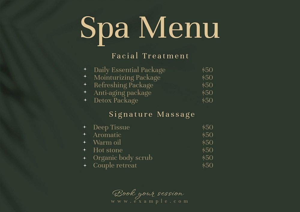 Spa menu template, editable design