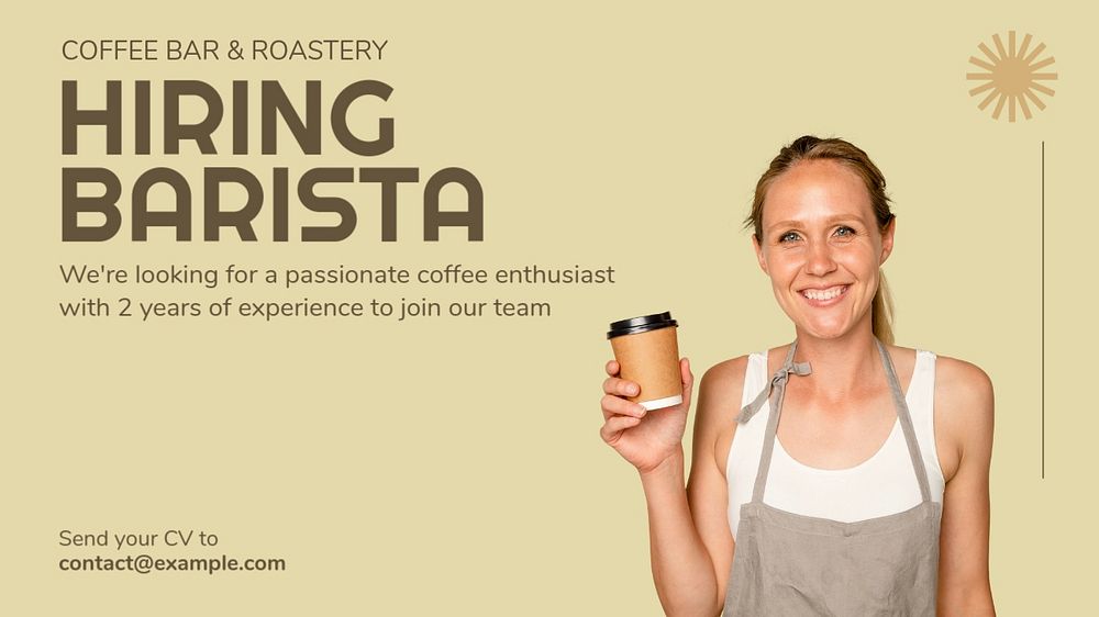 Hiring barista  blog banner template, editable text