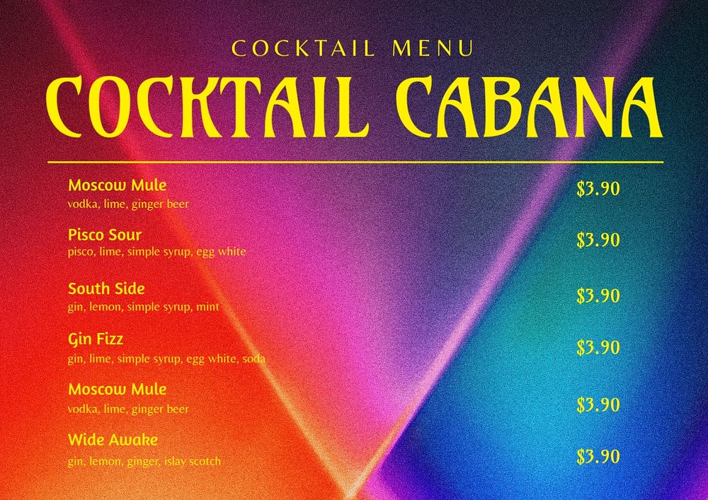 Cocktail menu template, editable design