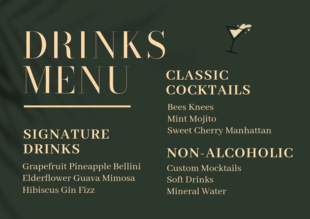 Drinks menu template, editable design