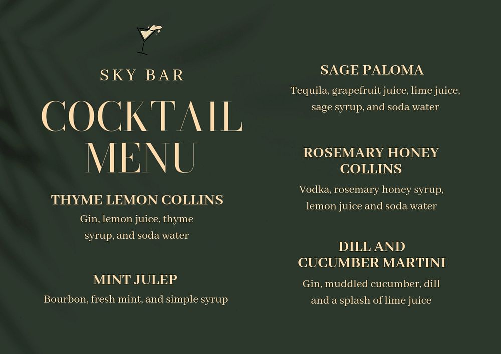 Cocktail menu template, editable design