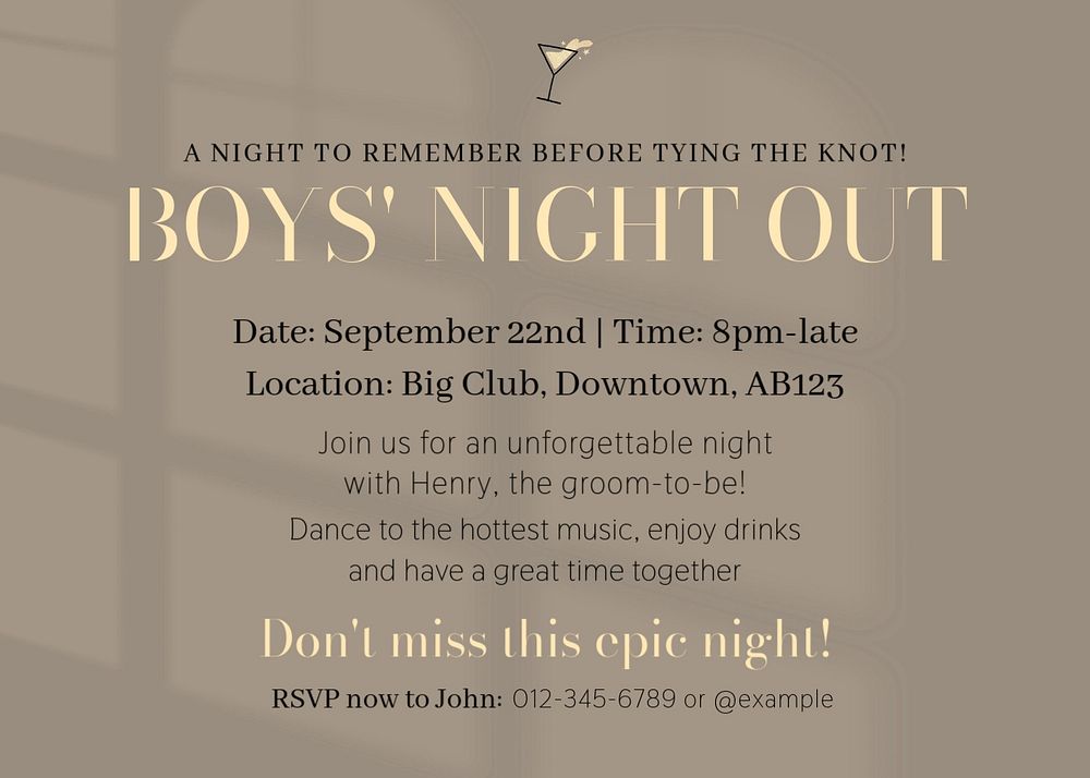 Boys night out card template, editable text