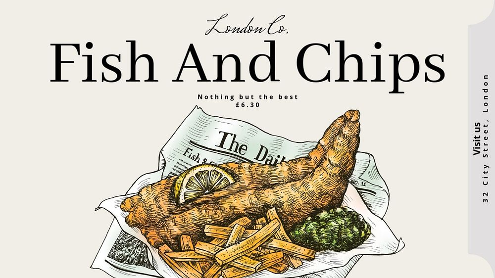 Fish and chips  blog banner template, editable text