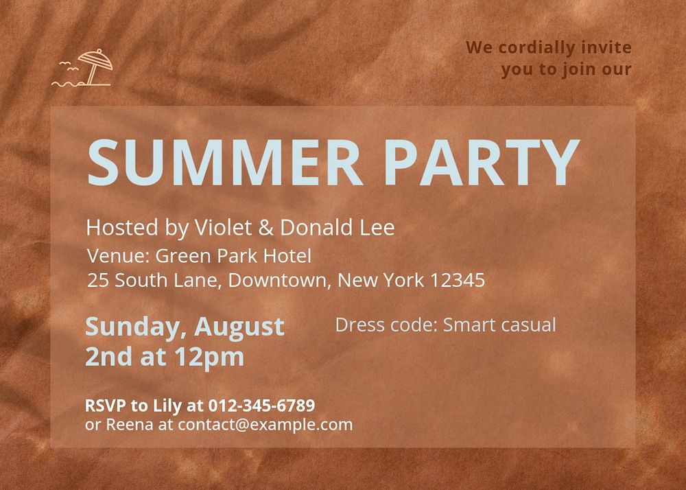 Summer party invitation card template, editable text