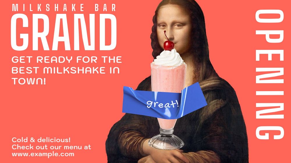 Milkshake shop blog banner template, Mona Lisa, famous painting, remixed by rawpixel