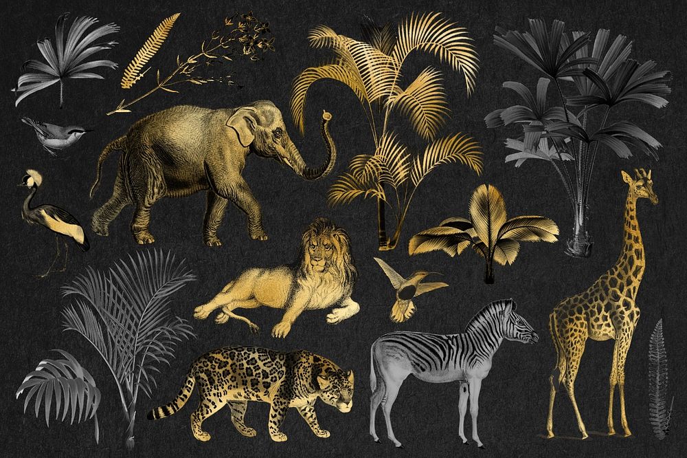 Gold wild animals vintage stickers set, editable design