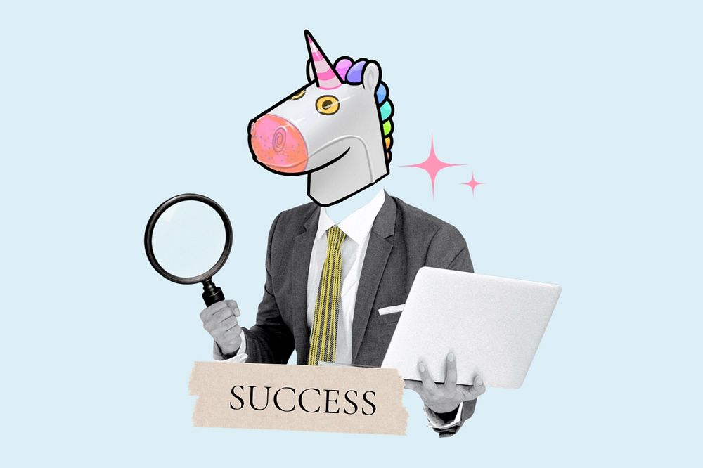 Success word, unicorn head businessman remix, customizable design