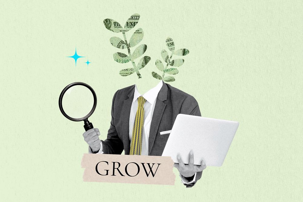 Grow word, plant head businessman remix, editable design