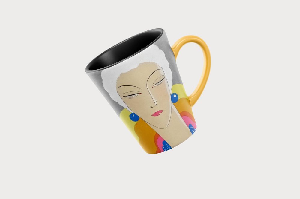 Ceramic coffee mug mockup, vintage woman design