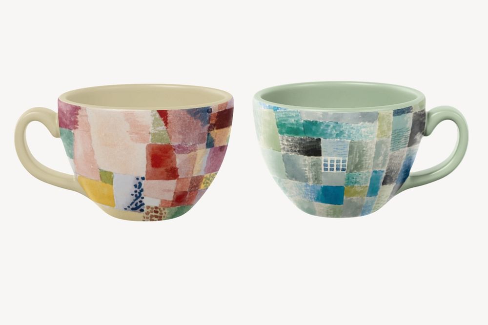 Ceramic coffee cups mockup, abstract design