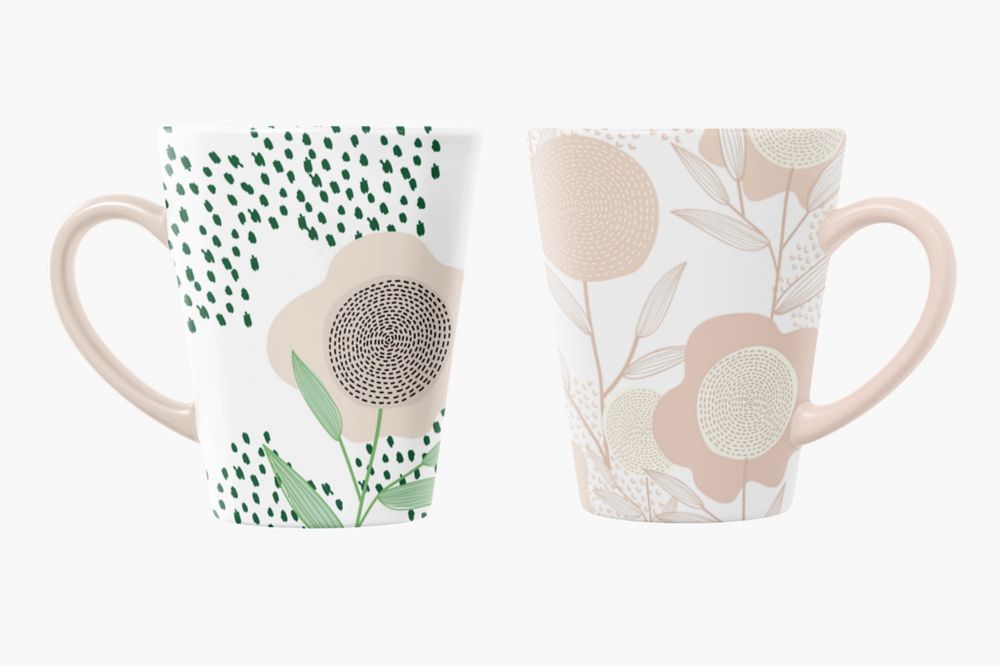 Ceramic coffee mugs mockup, floral design