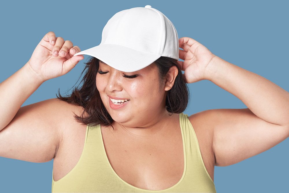 Cap mockup, plus-sized woman in bikini