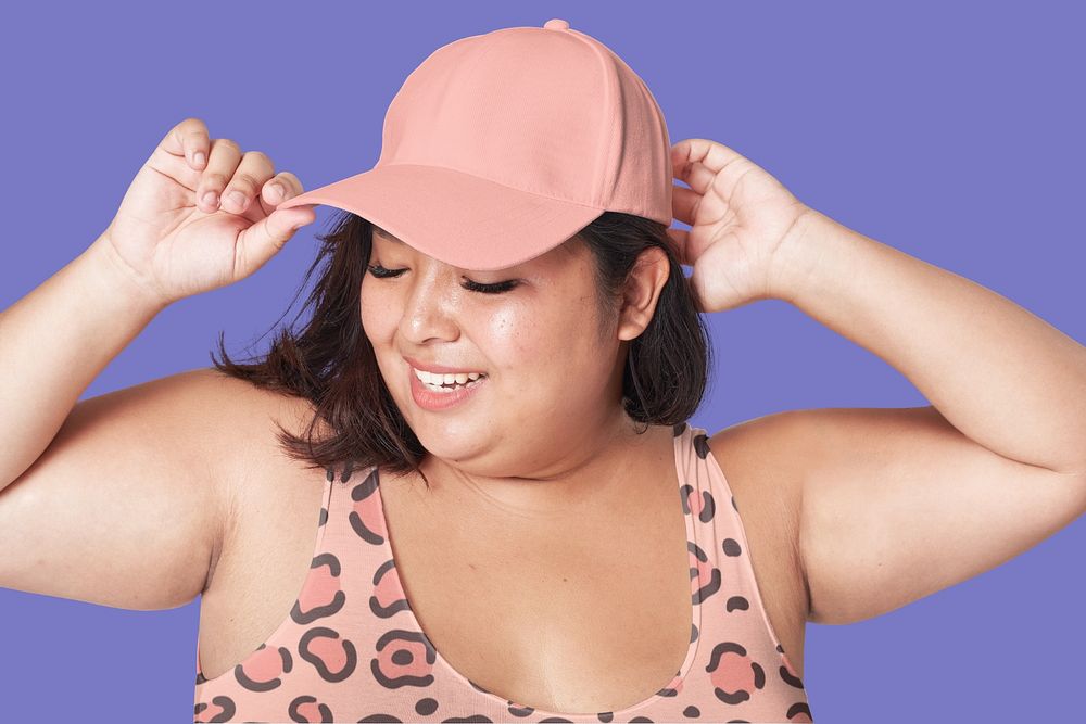 Cap mockup, plus-sized woman in bikini