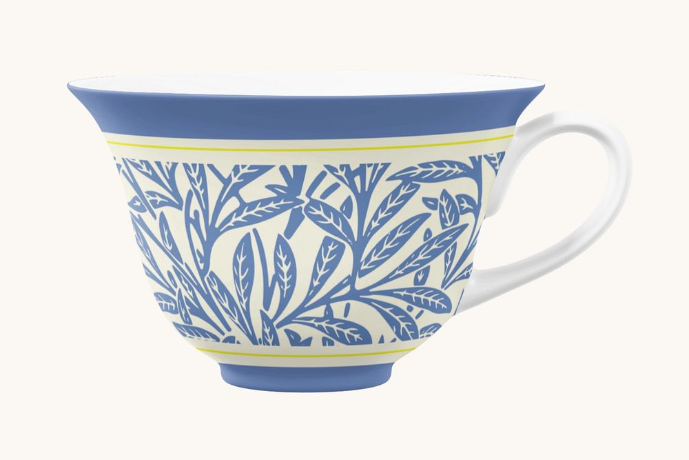 Tea cup mockup, leafy pattern product design