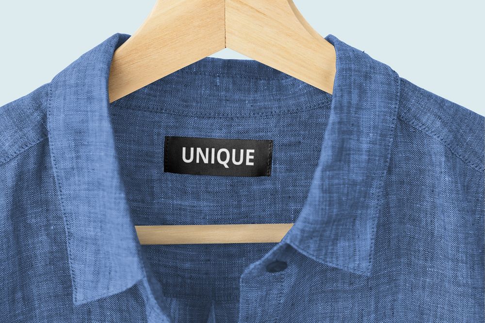 Clothing label mockup, blue linen shirt