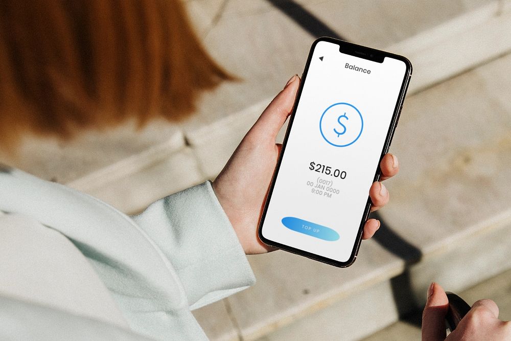 Phone screen mockup with hands, finance 
