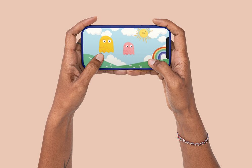 Smartphone screen mockup, hands using phone