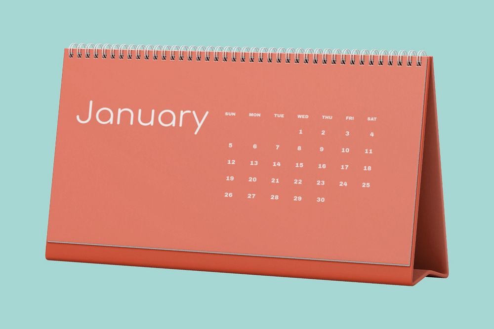 Desk calendar mockup, orange 3D rendering design 