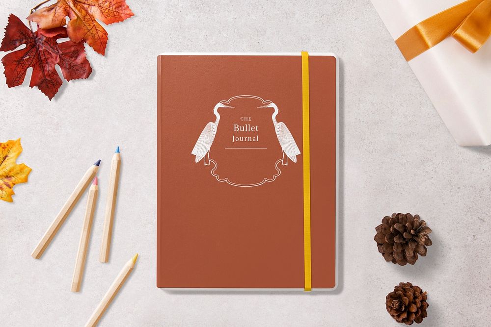 Editable book mockup, bullet journal flat lay design