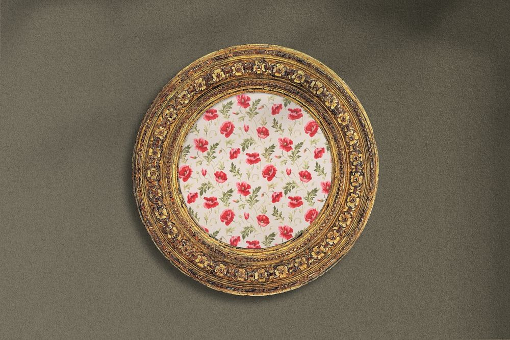 Round picture frame editable mockup, gold vintage design with William H. Gledhill's flower pattern. Remixed by rawpixel.