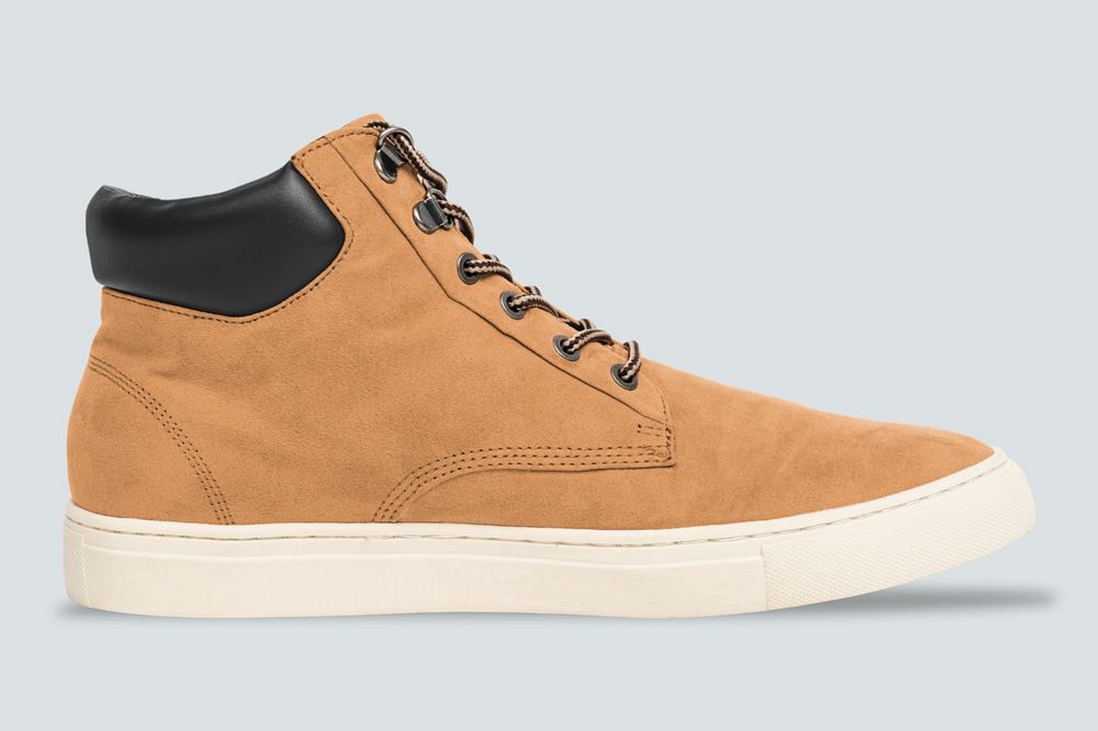 Editable high-top sneakers mockup, beige desert boots design