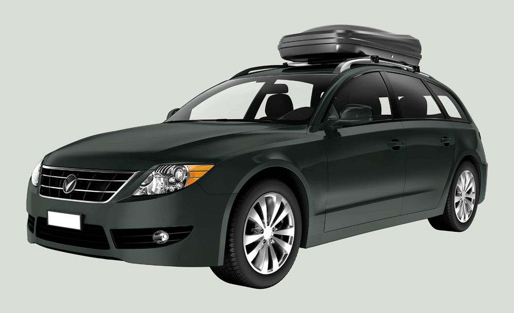 Dark green car mockup, editable hatchback with rooftop cargo box design