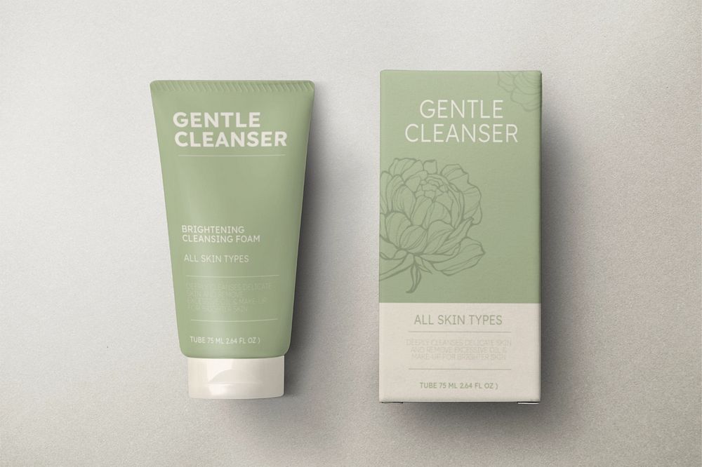 Green cosmetic product packaging mockups, editable tube & box design