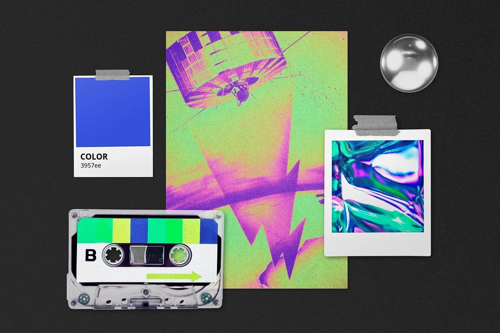 Retro future mood board mockup, editable design