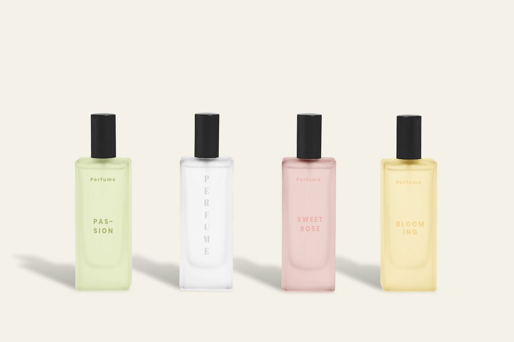 Mini perfume bottle mockups, customizable beauty branding