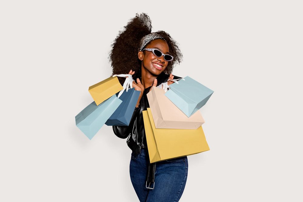 Woman with shopping bags mockup, editable design