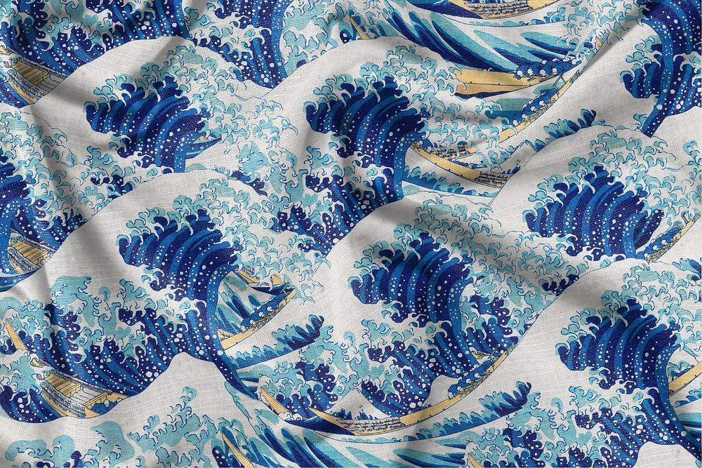 Customizable tapestry mockup, Hokusia's The Great Wave off Kanagawa pattern, remixed by rawpixel