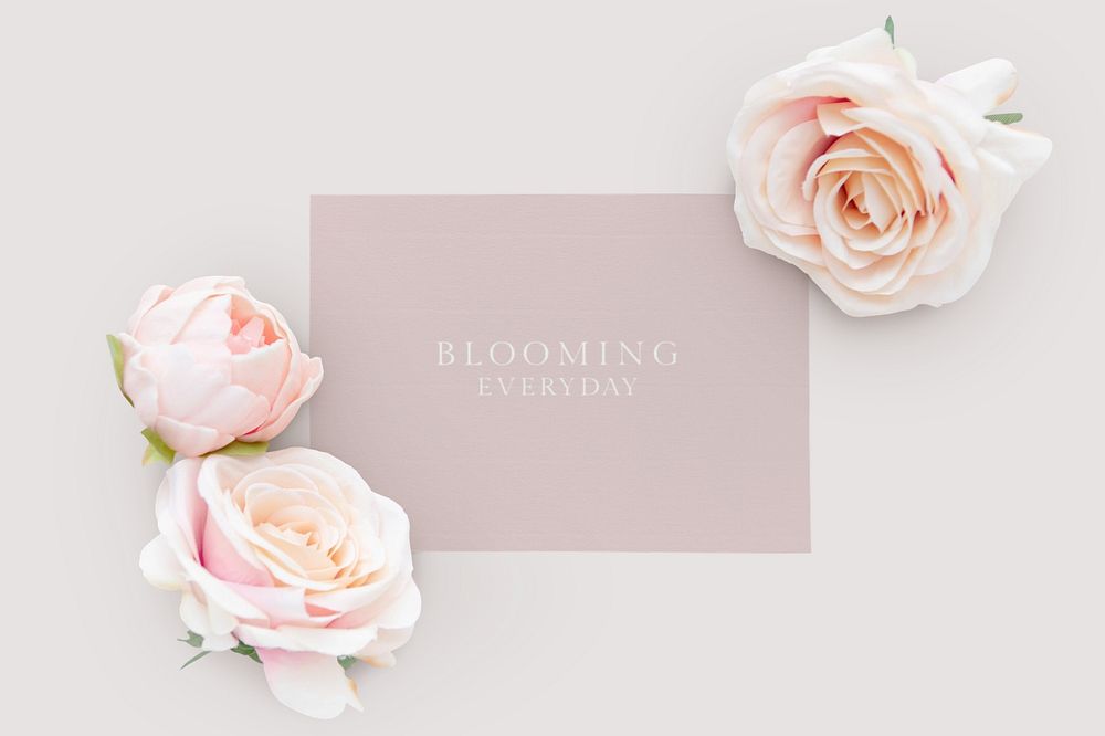 Wedding card mockup with rose, editable flat lay design