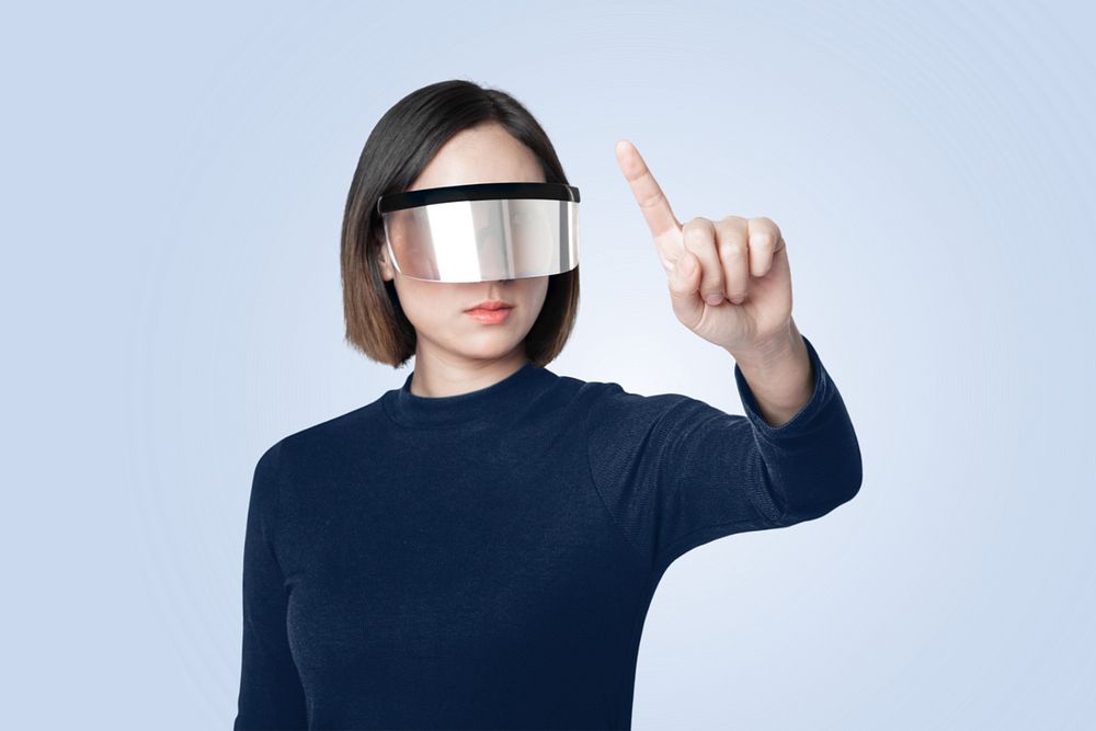 Woman using VR glasses mockup editable design