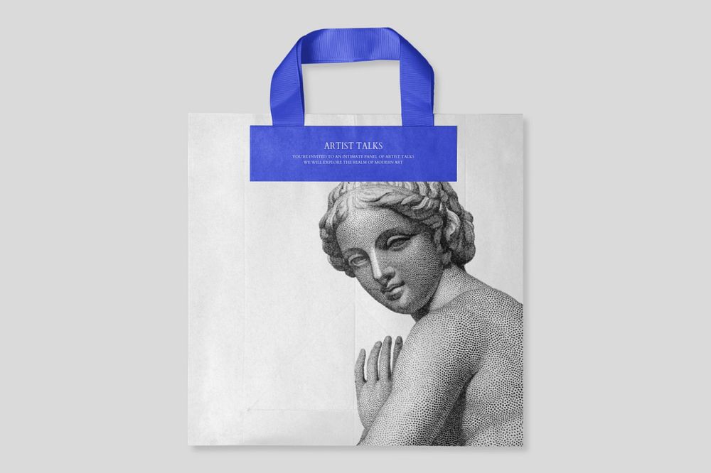 Paper shopping bag mockup, vintage woman sketch, customizable design