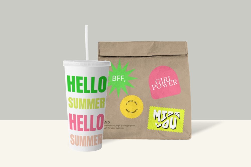 Paper bag mockup, soda cup, takeaway food packaging, customizable design