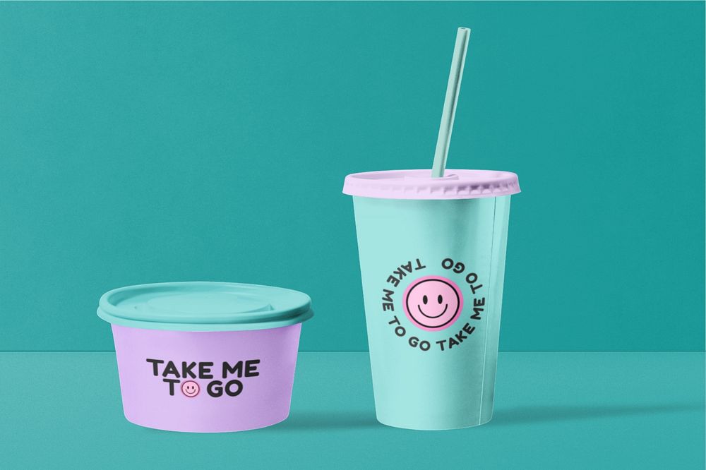 Editable food product packaging mockup, to go paper cup & bowl design