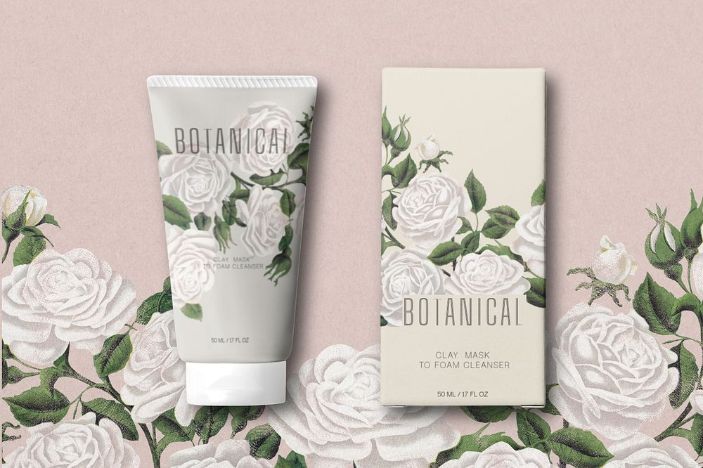 Cosmetic product packaging mockup, editable floral design