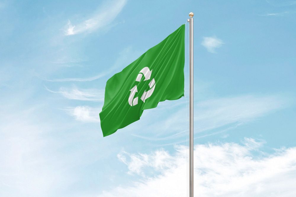 Editable waving flag mockup, recycle symbol design