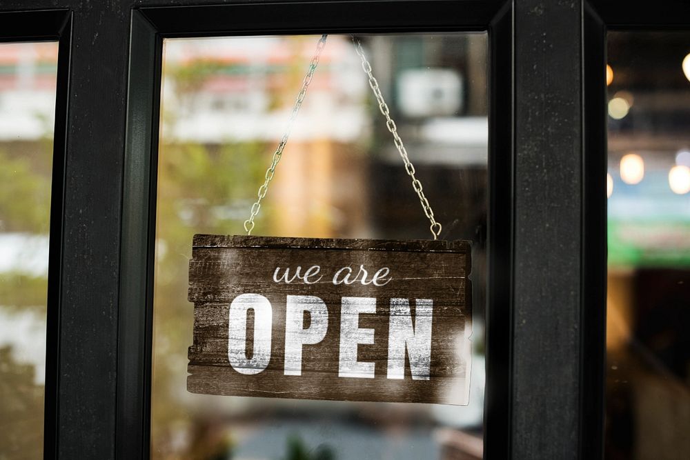 Editable hanging shop sign mockup, we're open design