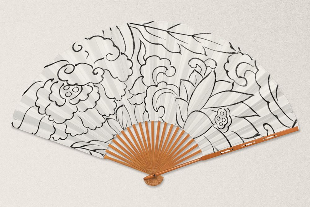 Editable floral fan mockup, black and white pattern design