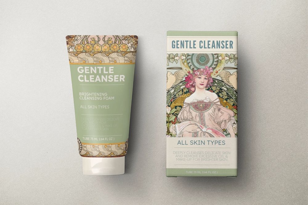 Skincare tube editable mockup, Alphonse Mucha's famous artwork. Remixed by rawpixel.