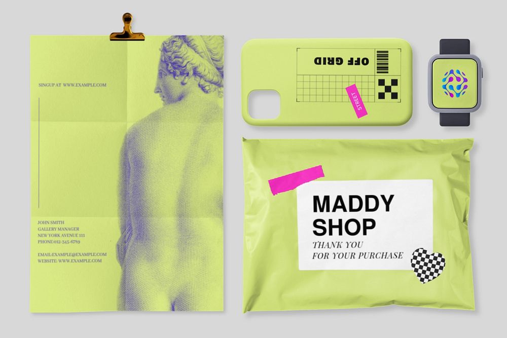 Green plastic mailing bag editable mockup, poster, business branding set