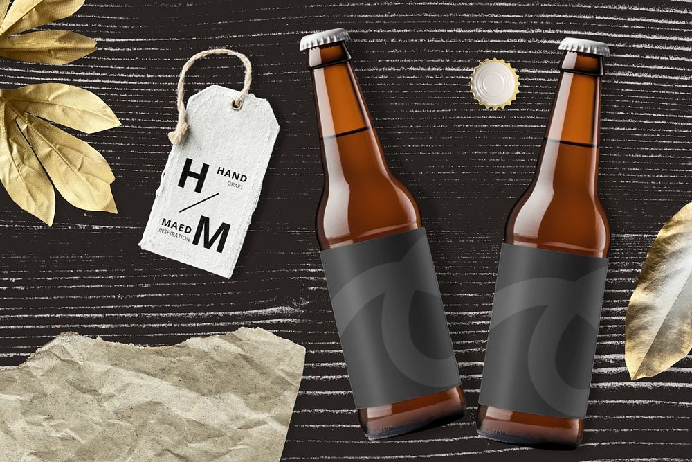 Beer bottle labels editable mockup, drink packaging