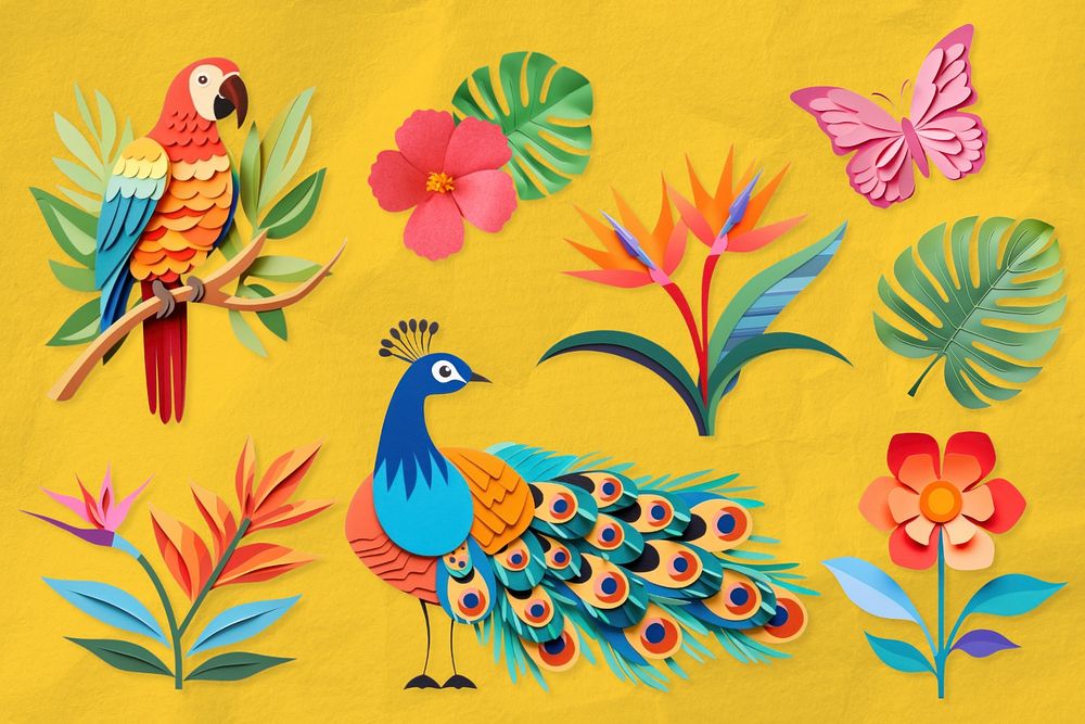 Tropical paper craft, editable design element set