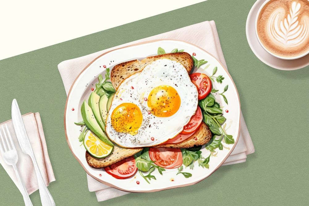 Avocado toast with egg illustration, breakfast digital art editable design