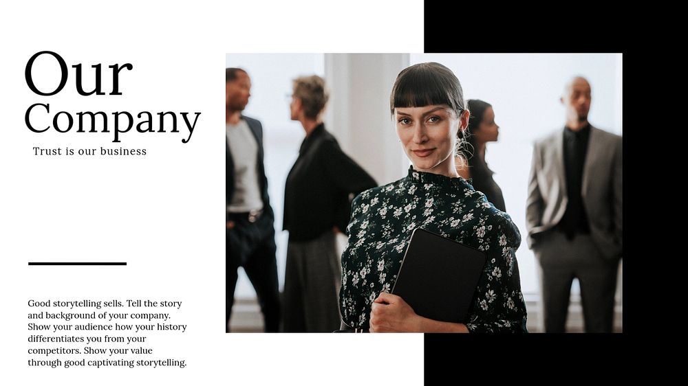 Our company PowerPoint editable template, businesswoman photo