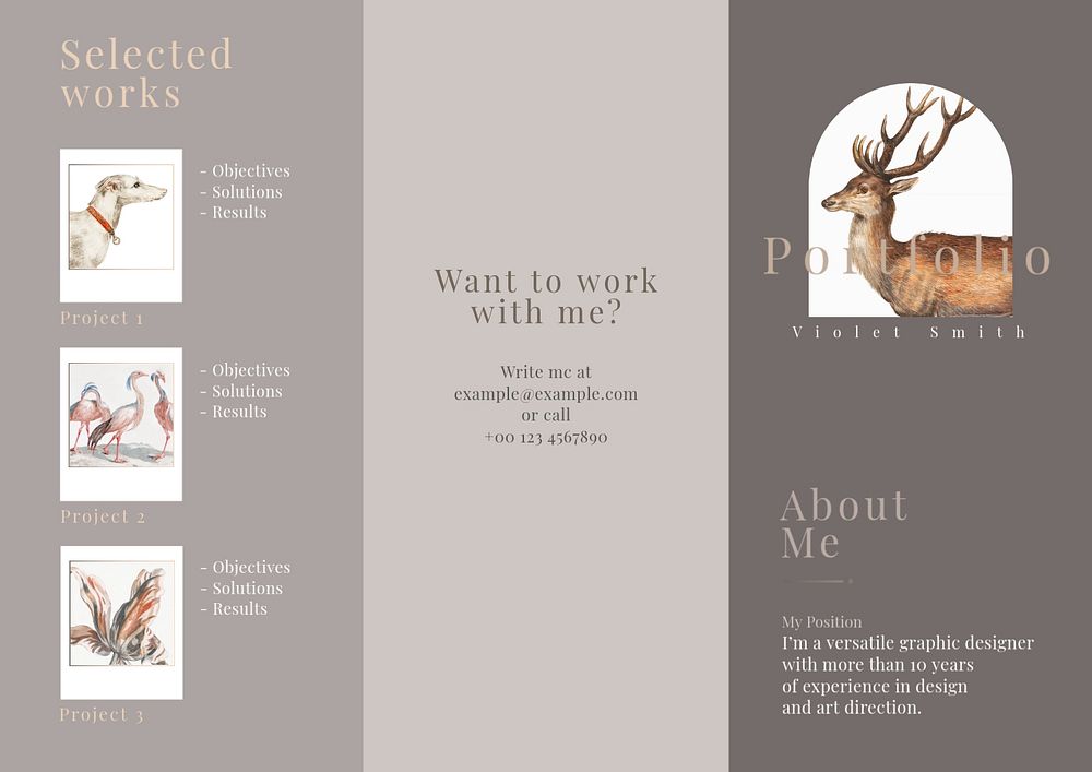 Portfolio brochure template, animals illustration, editable text