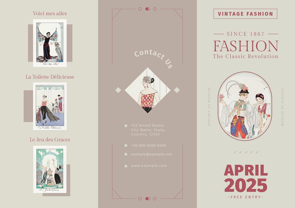 Vintage fashion tri-fold brochure template, famous illustration by George Barbier, remixed by rawpixel.